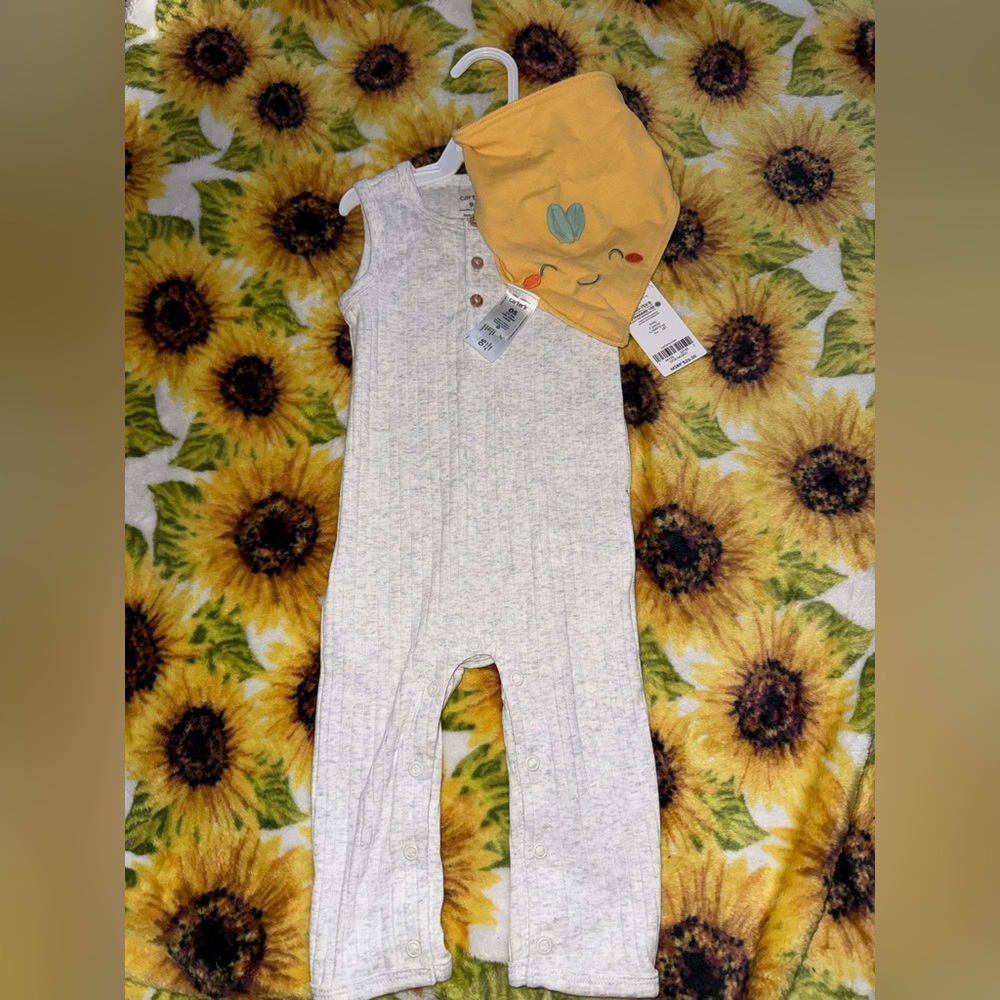 Carter's Gray Ribbed Romper with Yellow Bandana Bib